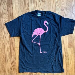 Vintage Hanes Black Tee shirt with Pink Flamingo Design 1980 Florida tropical
